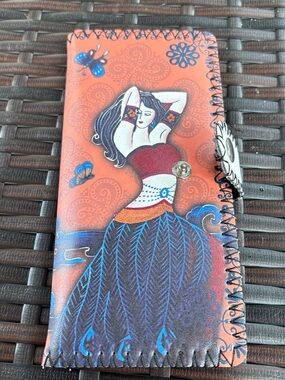 Women's Orange Artistic Leather Wallet with Blue Accents
